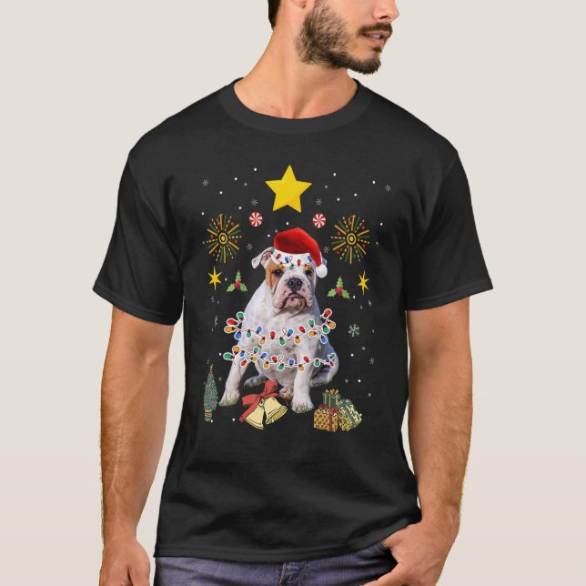 Camiseta Inglês Buldogue Natal Luzes Papais noeis Cachorros (Frente)
