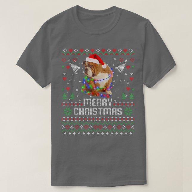 Camiseta Inglês Buldogue Papai Noel Cachorro Árvore de Nata (Frente do Design)