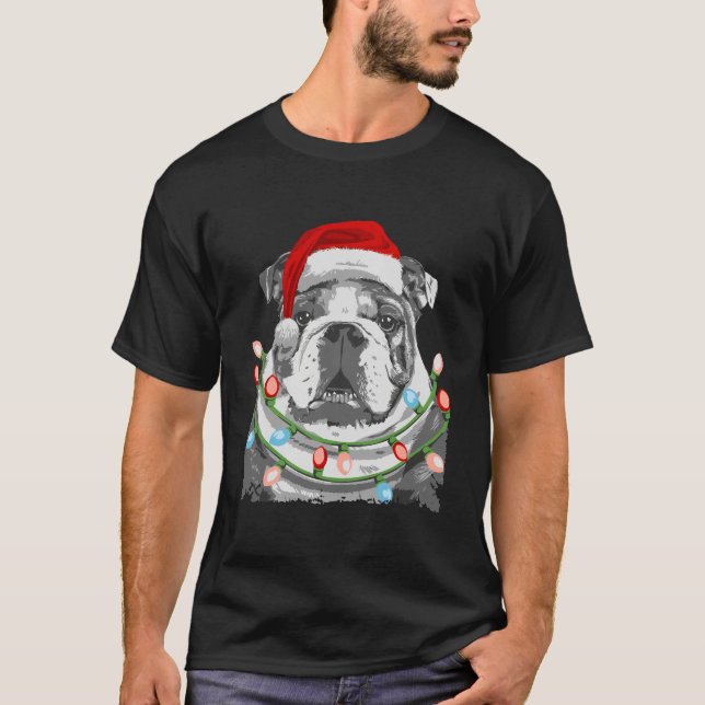 Camiseta Inglês Buldogue Papais noeis Árvore de Natal Luzes (Frente)
