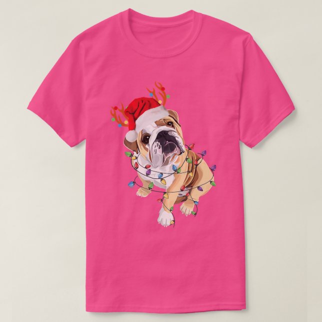 Camiseta Inglês Buldogue Reindeer Santa Hat Luz de Natal (Frente do Design)
