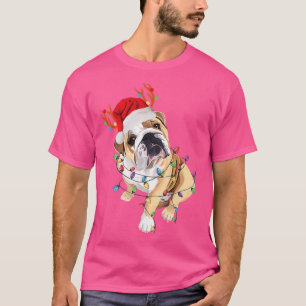 Camiseta Inglês Buldogue Reindeer Santa Hat Luz de Natal