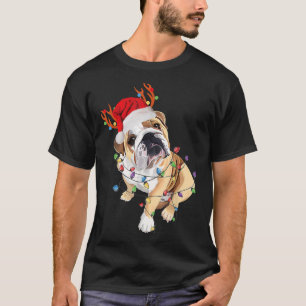 Camiseta Inglês Buldogue Reindeer Santa Hat Luz de Natal
