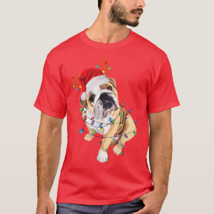 Camiseta Inglês Buldogue Reindeer Santa Hat Luz de Natal