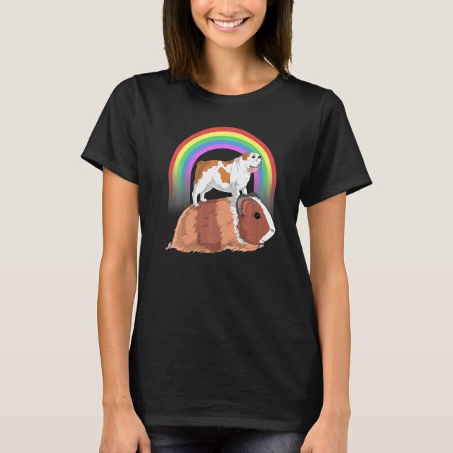 Camiseta Inglês Buldogue Riding Guiné Pig Bulldog Rainbow (Frente)