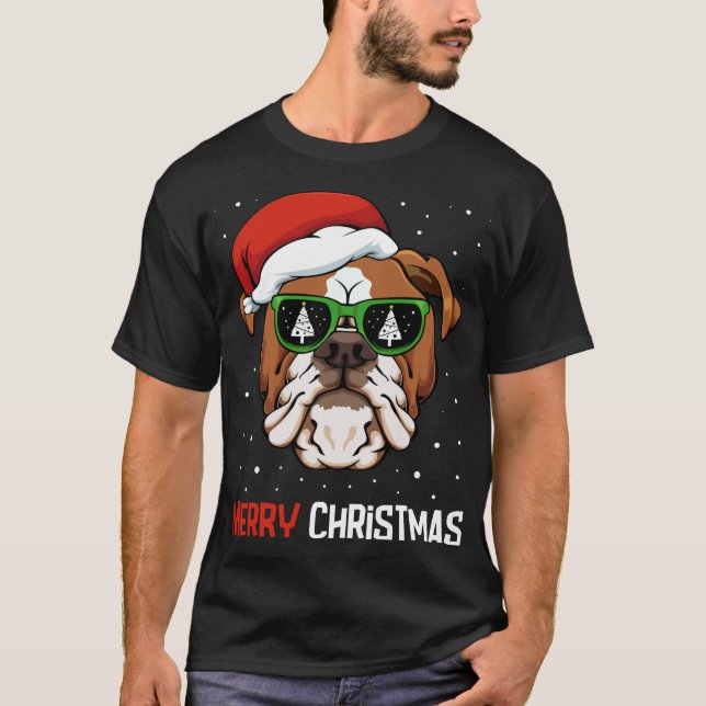 Camiseta Inglês Buldogue Santa Hat Natal Pajama Dog X-M (Frente)