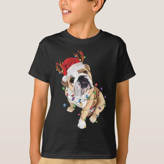 Camiseta Inglês Buldogue Santa Hat Reindeer natal Light (Frente)