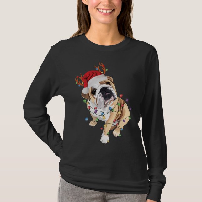 Camiseta Inglês Buldogue Santa Hat Reindeer natal Light (Frente)