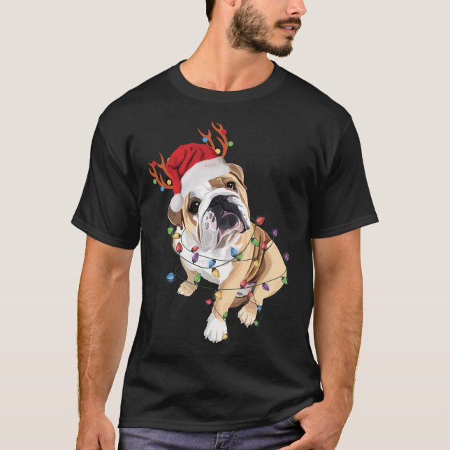 Camiseta Inglês Buldogue Santa Hat Reindeer natal Light (Frente)