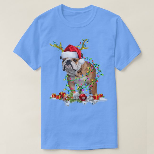Camiseta Inglês Buldogue Santa Hat Reindeer natal Light (Frente do Design)