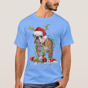 Camiseta Inglês Buldogue Santa Hat Reindeer natal Light