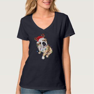 Camiseta Inglês Buldogue Santa Hat Reindeer natal Light