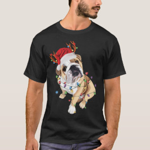Camiseta Inglês Buldogue Santa Hat Reindeer natal Light