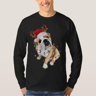 Camiseta Inglês Buldogue Santa Hat Reindeer natal Light