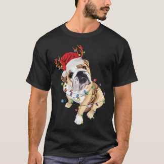 Camiseta Inglês Buldogue Santa Hat Reindeer natal Light