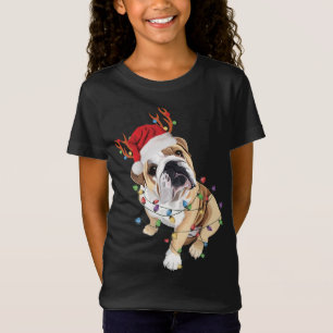 Camiseta Inglês Buldogue Santa Hat Reindeer natal Light