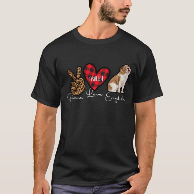 Camiseta Inglês Buldogue Xadrez Peace Love Cog (Frente)