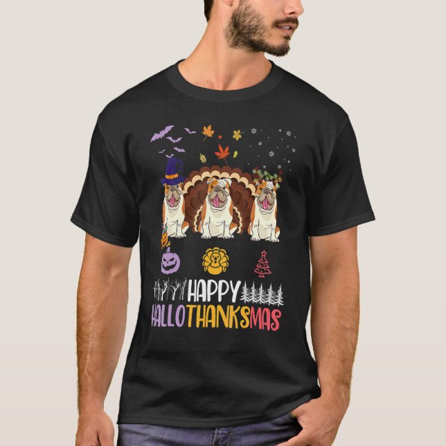 Camiseta Inglês Bulldog Feliz Dia das Bruxas Feliz de Ação  (Frente)
