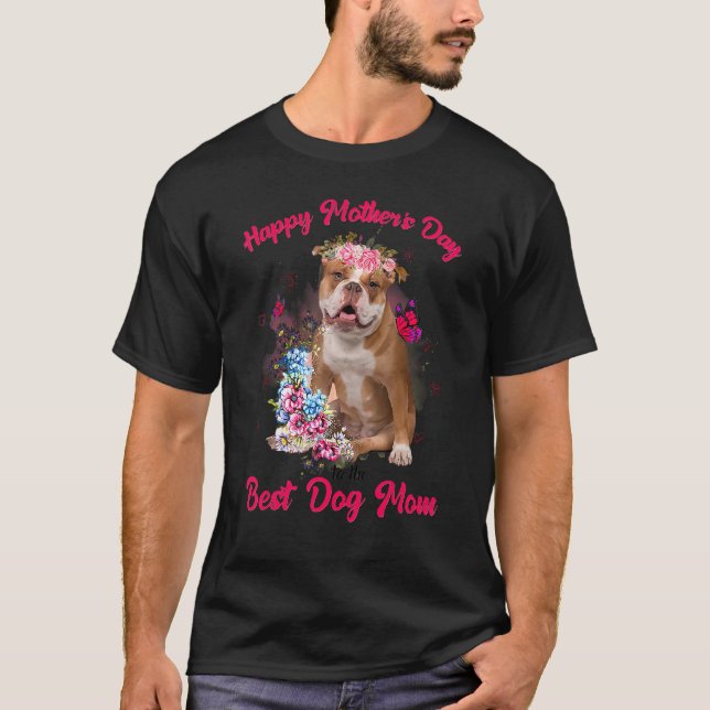Camiseta Inglês Bulldog Flower Happy Dia de as mães Para B (Frente)