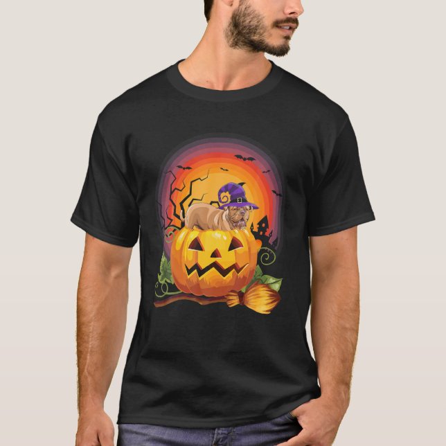 Camiseta Inglês Mastiff Witch Pumpkin Halloween Dog Lover (Frente)