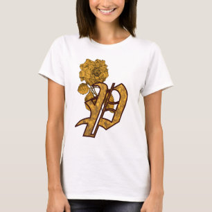 Camiseta Inicial de Monograma P Flor de Peônia Elegante em