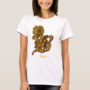Camiseta Inicial do Monograma B Flor de Peônia Dourada Pers