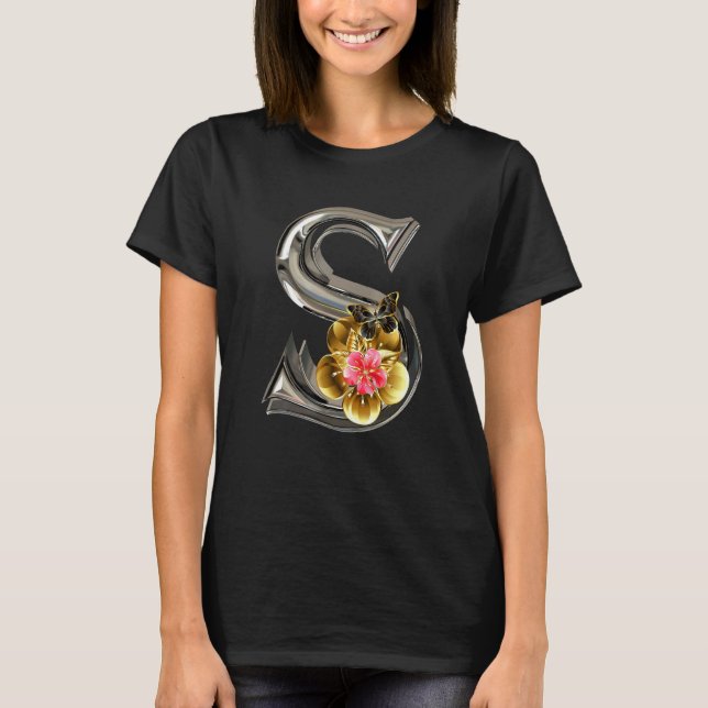 Camiseta Initial Letter S Monogram Pink Sakura Flowers and  (Frente)
