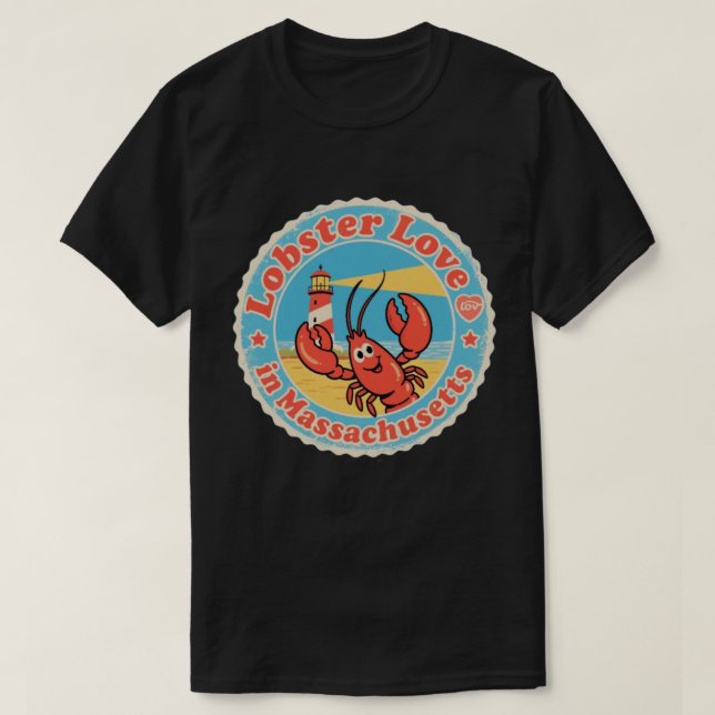 Camiseta Insígnia Retro de Massachusetts_ Lagosta com Roda  (Frente do Design)