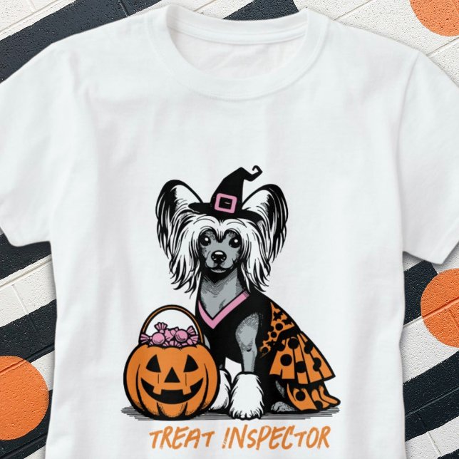 Camiseta Inspetor de Tratamento de Cães Deitados Chineses n (Treat Inspector Chinese Crested Dog Halloween T-Shirt)