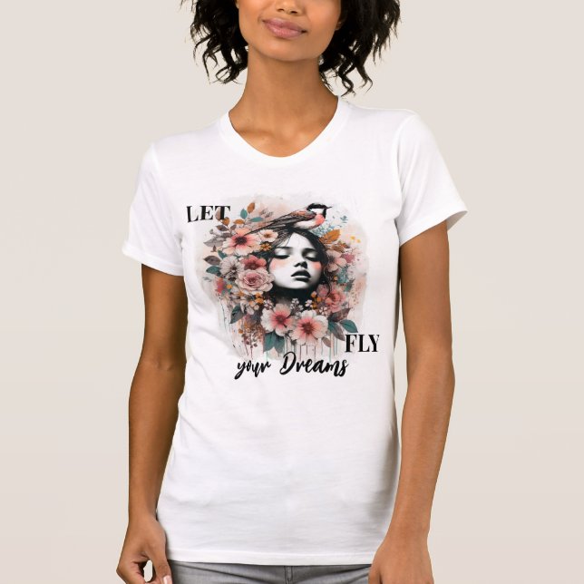 Camiseta Inspirational Floral Woman and Bird Artwork (Frente)