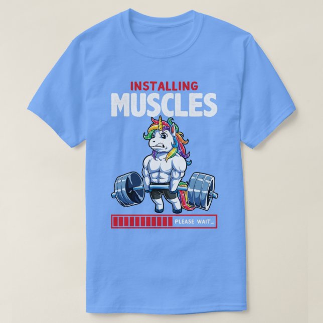 Camiseta Instalando músculos em formato Unicorn (Frente do Design)