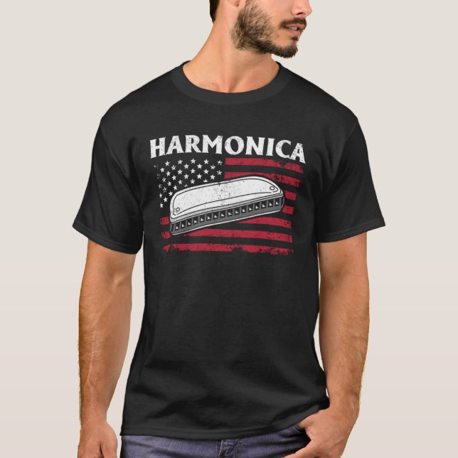 Camiseta Instrumento Harmônica Harmônica Bandeira dos EUA (Frente)