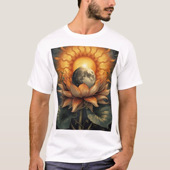 Camiseta 🌸🌞🌙 Integração Floral: Sol e Lua em Flor (Frente)