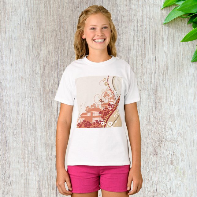 Camiseta Inverno de Ilustração de Casa Floral e Padrão Natu (Criador carregado)