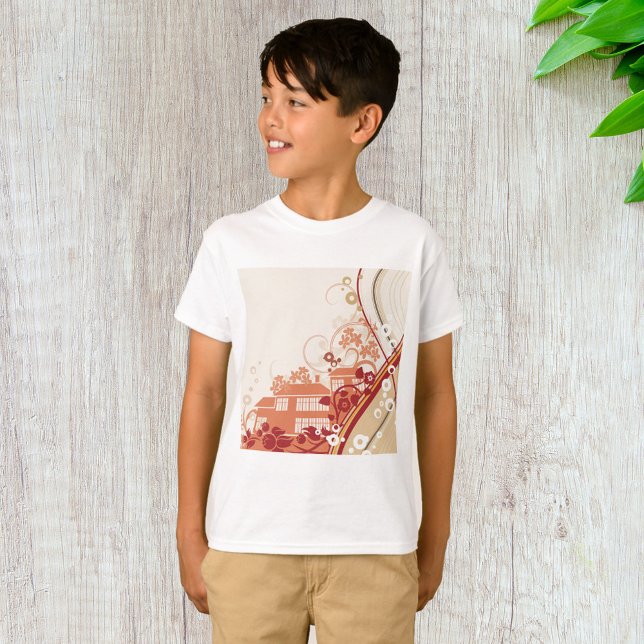 Camiseta Inverno de Ilustração de Casa Floral e Padrão Natu (Criador carregado)