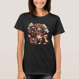 Camiseta Ioga assustador de Halloween Pug e Gato numa Cozin