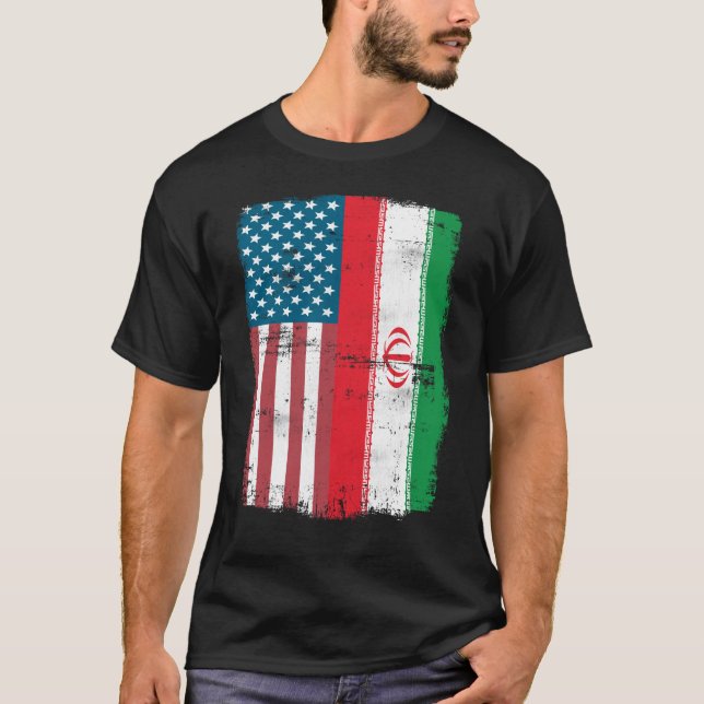 Camiseta  IRANIAN ROOTS Half American Flag USA IRAN FLAG (Frente)
