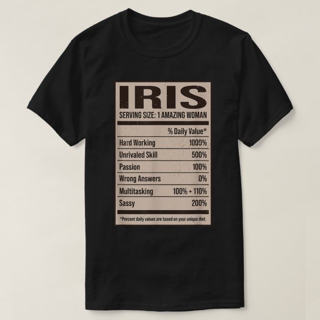 Camiseta Iris Nutrição Fatos Nome Nome Apelido Alias Título (Frente do Design)