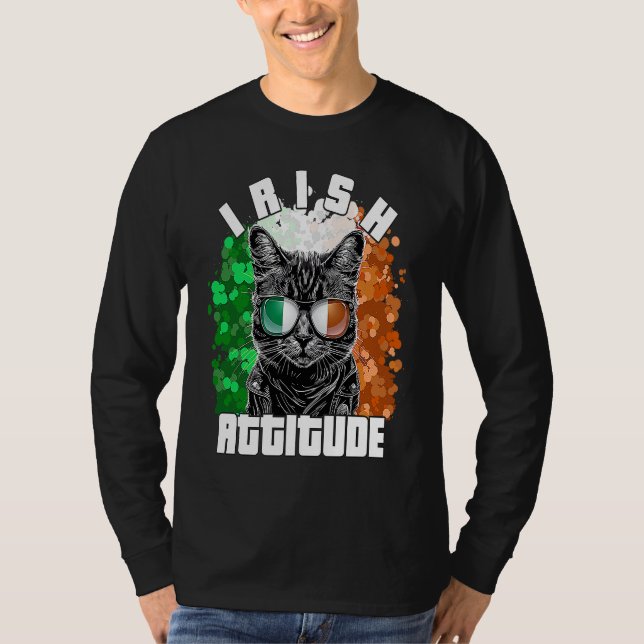 Camiseta Irish Attitude  Cat Sunglasses Ireland Flag (Frente)