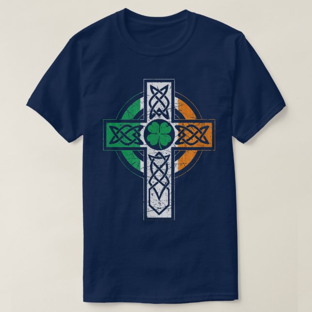 Camiseta Irish Celtic Knot Christian Cross Ireland Flag Sha (Frente do Design)
