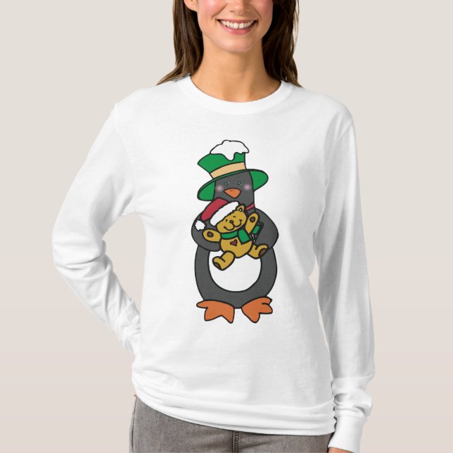Camiseta Irish Penguin Holding Christmas Teddy Bear (Frente)