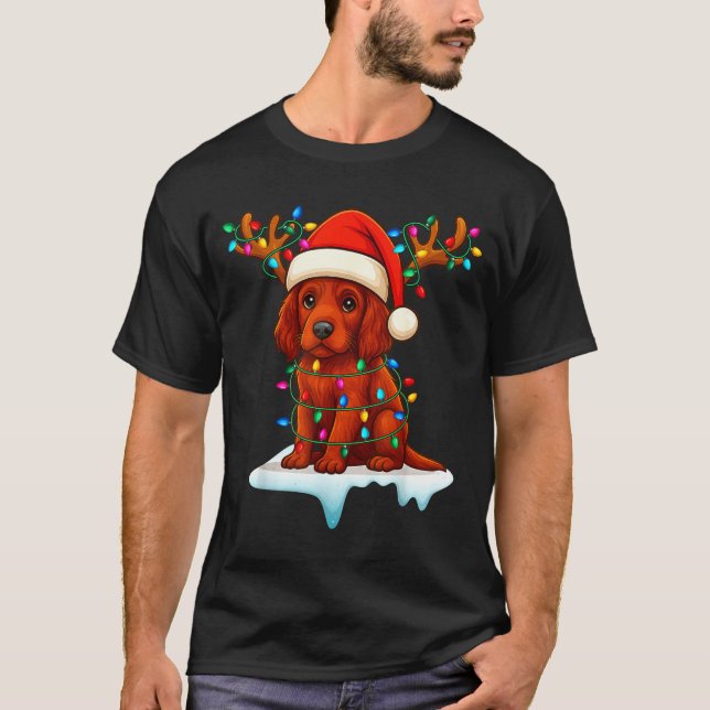Camiseta Irish Setter Christmas Santa Hat Reindeer Lights P (Frente)