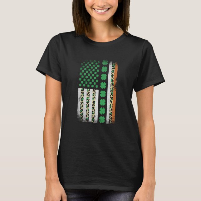 Camiseta Irish Shamrock American Flag Leoopard Print St Pat (Frente)