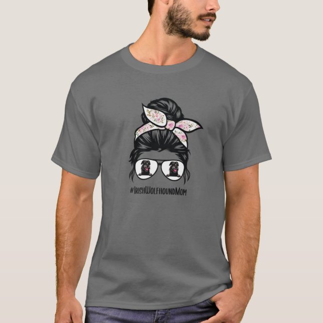 Camiseta Irlandês Wolfhound Dog Mãe Mensagem Bun Hair Glass (Frente)