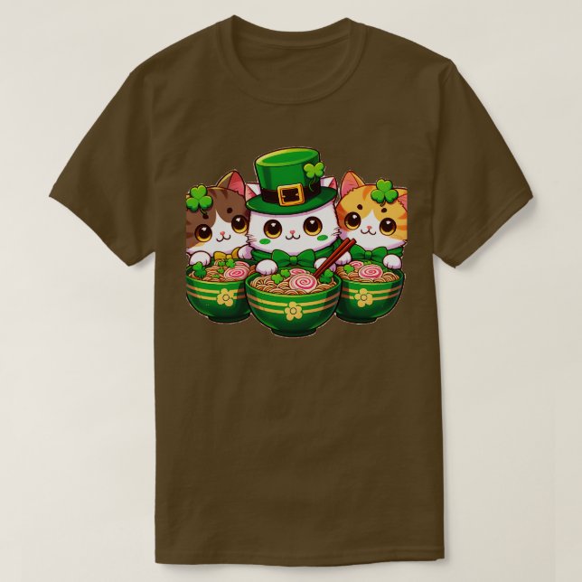 Camiseta Irlandesa Ramen Gata Dia de São Patrício Bonita Me (Frente do Design)