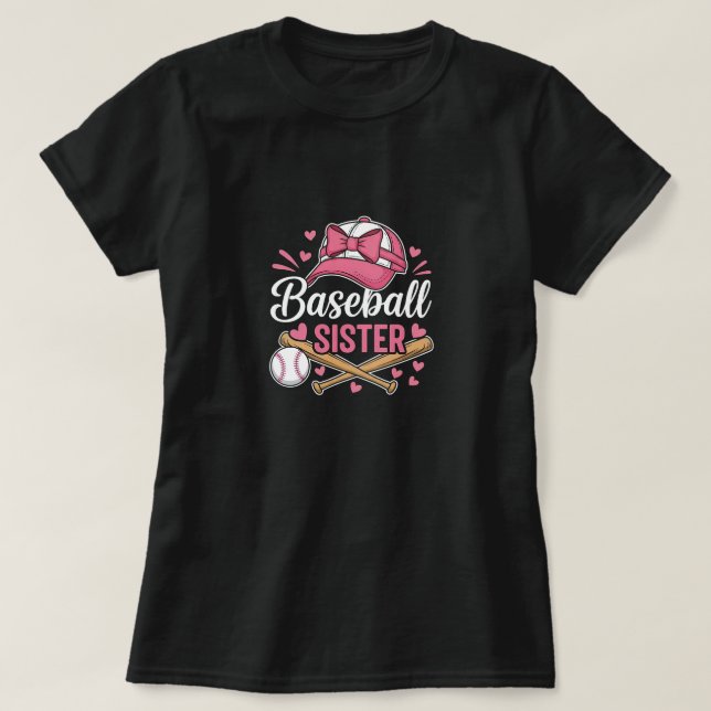 Camiseta Irmã de Beisebol Laço Rosa (Frente do Design)