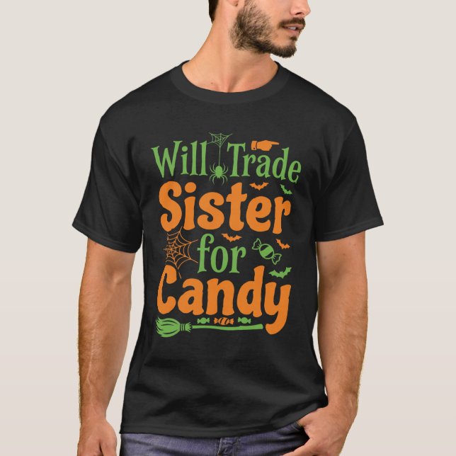 Camiseta Irmã de Halloween Troca de Doces Design_1 (Frente)