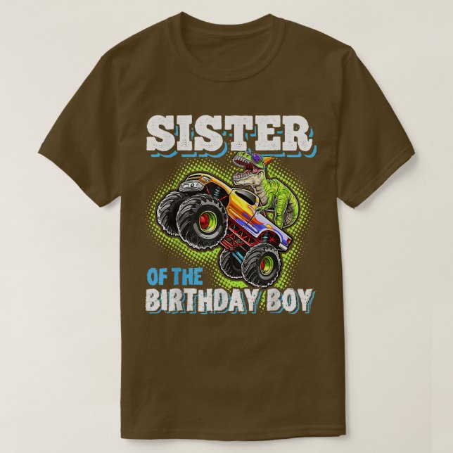 Camiseta Irmã Do Rapaz De Aniversário Monstro Do Dinossauro (Frente do Design)