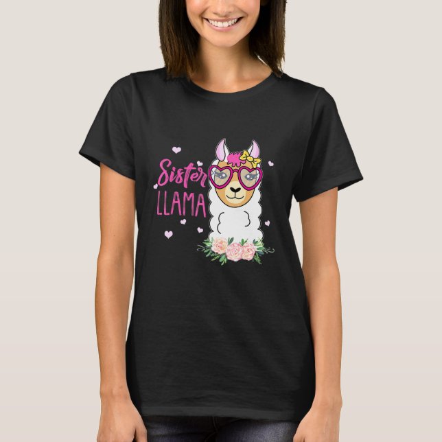 Camiseta Irmã Llama Boho Flores Rosa Coração (Frente)