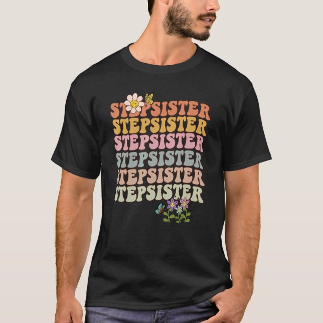 Camiseta Irmã passos ondulados retro groovy com flores uma (Frente)