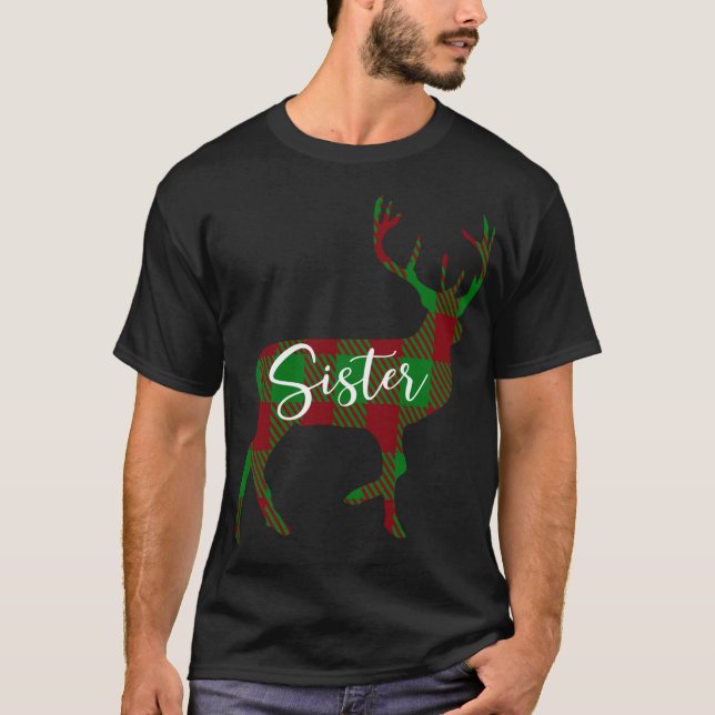 Camiseta Irmã Reindeer Xadrez Pajama Correspondendo Ao Nata (Frente)